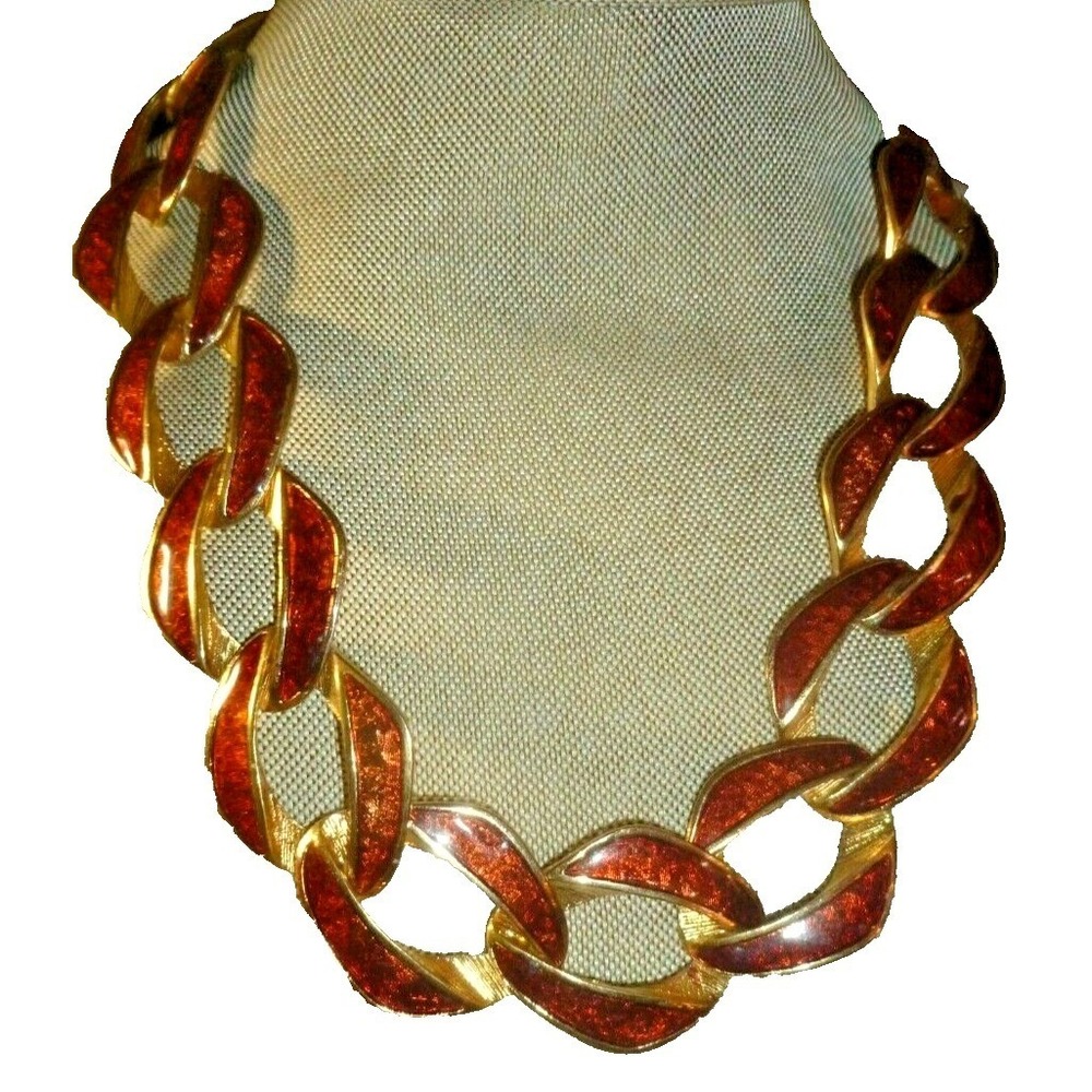 Vintage‎ Style Chunky Gold Tone Curb Link Necklace Burnt Orange Enamel Glitter